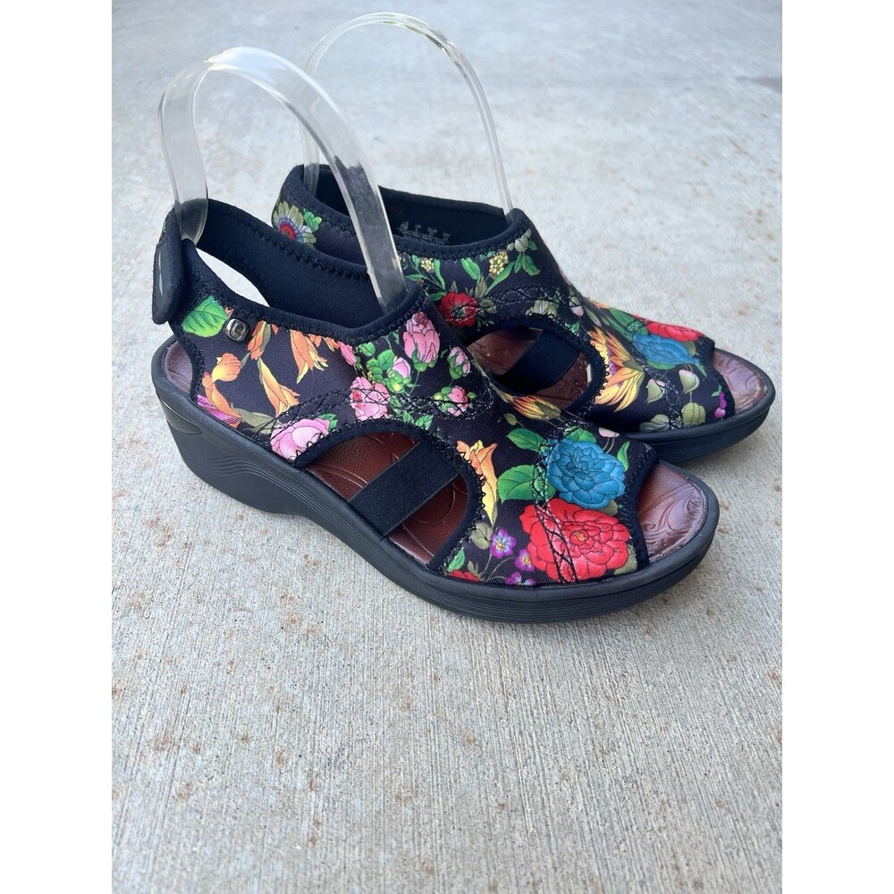 Bzees Dream Washable Wedge Sandals Black Floral Print Boho Size 7M